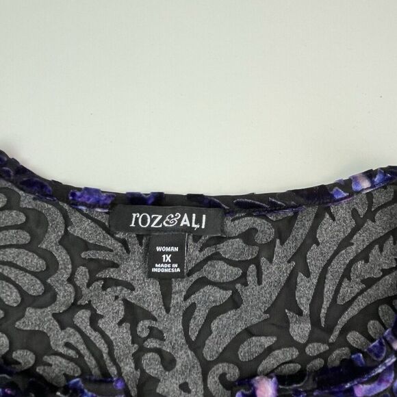 Roz and Ali Burnout Velvet Floral Top 1X Purple Popover Whimsigoth Dark Blouse - Picture 4 of 13